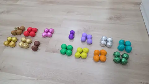 Candy assortment sorted by wrapper color